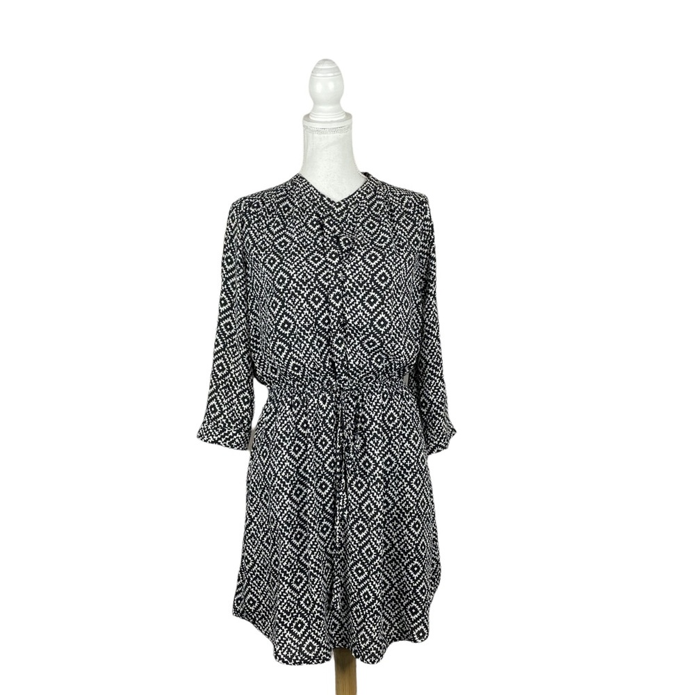DR2 Black White Geometric Print Blouson Casual Dress Long Sleeve